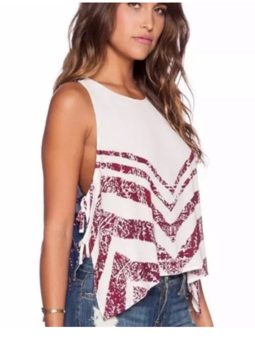 Free People White Tank Top with Burgundy Chevron Print and Side Ties